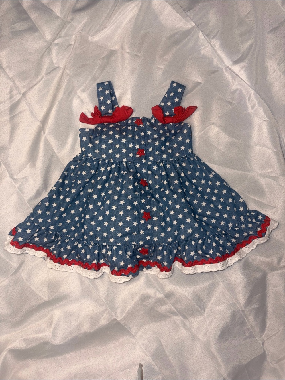 Baby Blue Star-Print Sundress with Red Trim